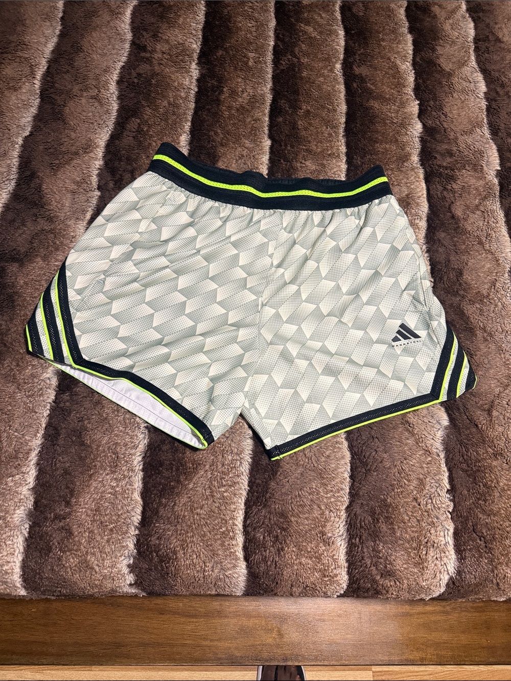 adidas White Geometric Athletic Shorts with Neon Yellow Trim